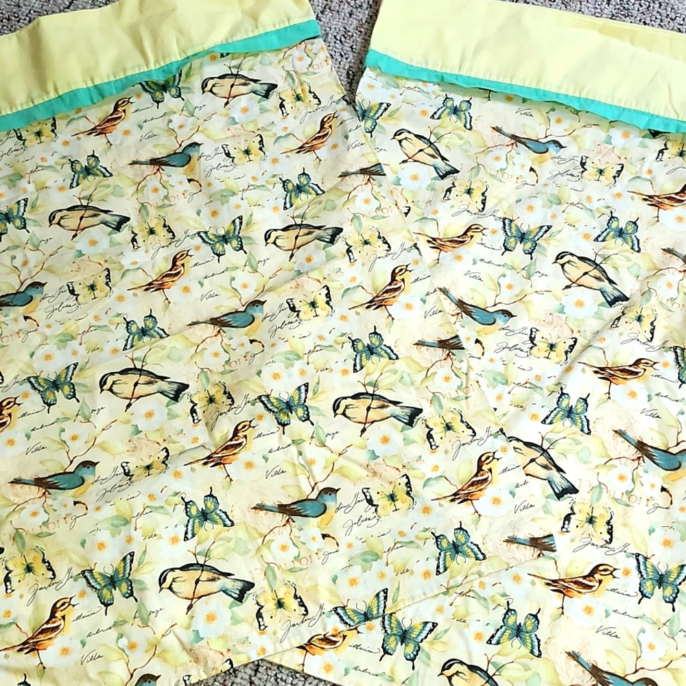 Vintage Bird Print Pillowcases with Yellow and Green Trim, Standard sz